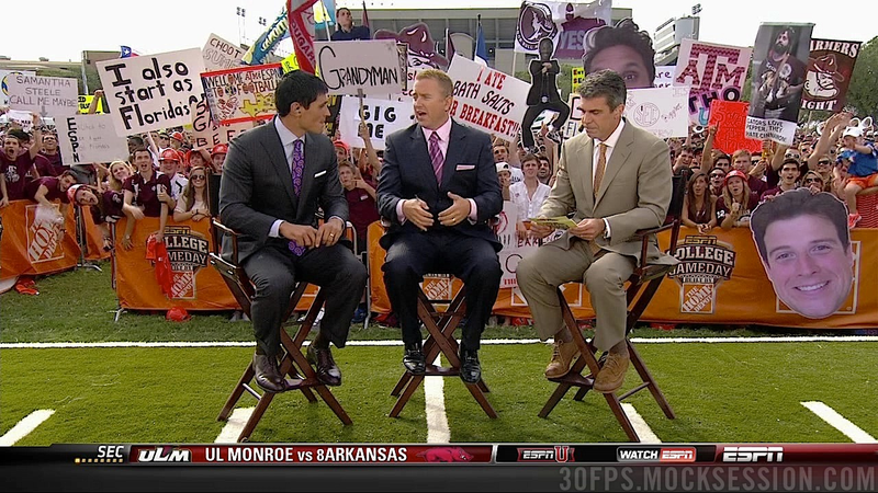 Illustration for article titled "Muschamp Takes Bubble Baths": Your Roundup Of The Best Signs Behind The College Gameday Crew